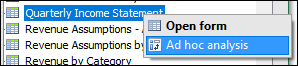 Right-click Quarterly Income Statement, and select Ad hoc analysis